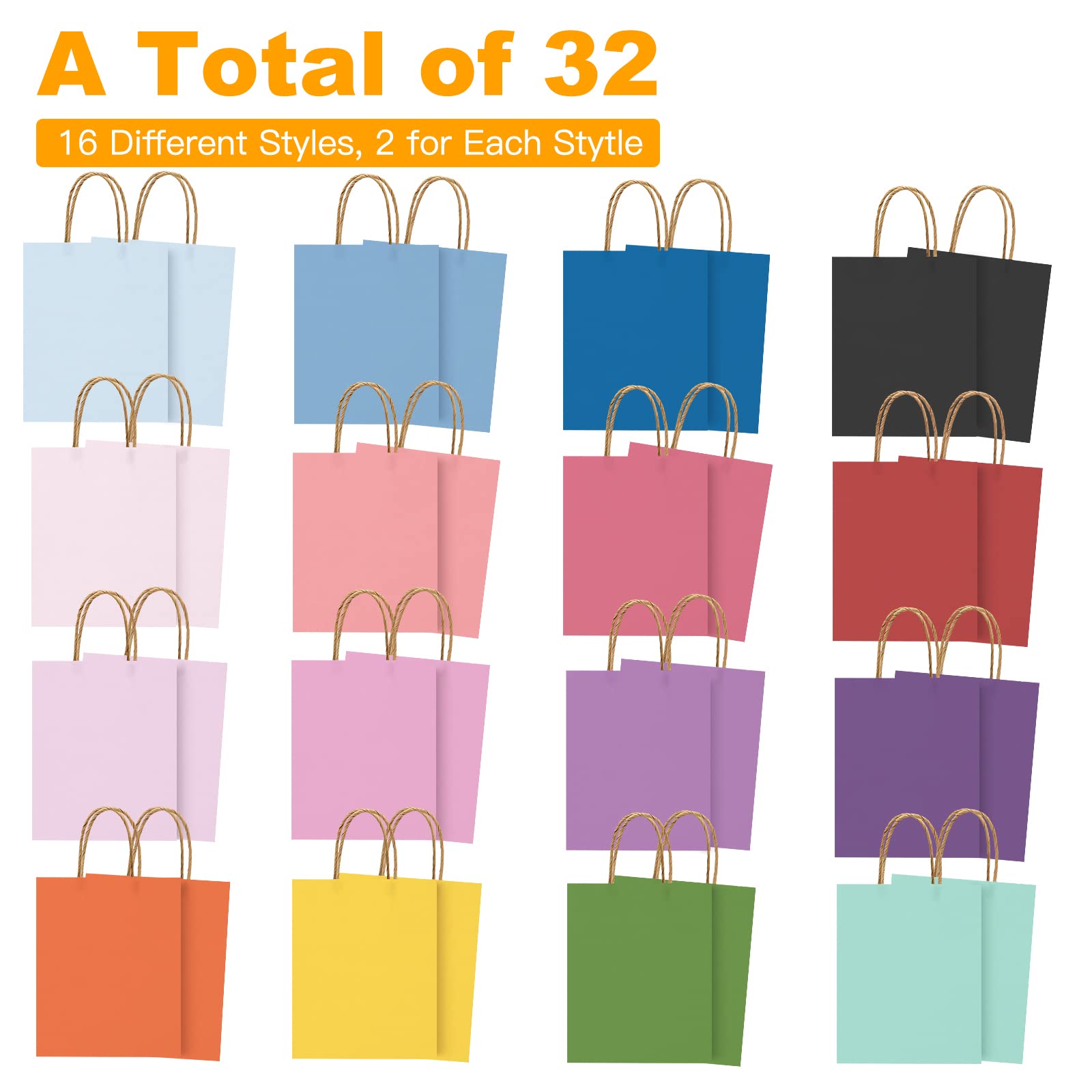 MOORAY 32 Pack Gift Bags with Handles, 7"x3.15"x 8.66" Paper Bags Kraft Bags 16 Different Senior Color Bags Multiple Uses for Wedding, Birthday, Party Supplies and Gifts（Multi01）