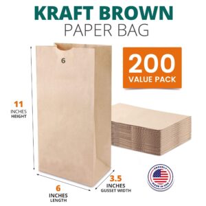 Fit Meal Prep 200 Pack 6 lb Brown Paper Lunch Bags, 11 x 6 x 3.5" Premium Kraft Paper Bags Bulk for Small Business, Recyclable Paper Snack Sacks, Durable Paper Grocery Bag for Food Storage, Packing