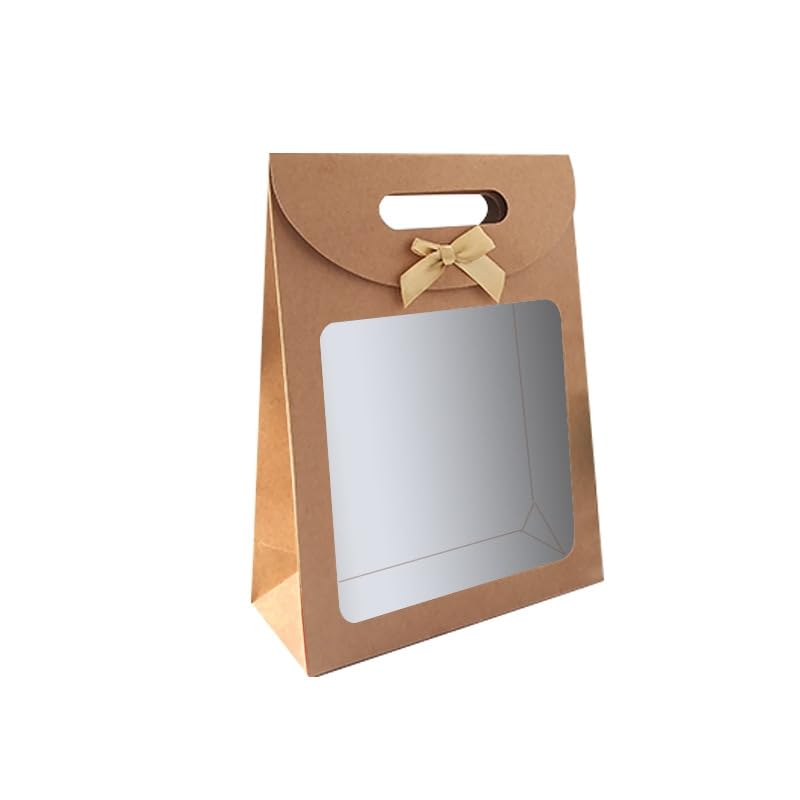 MODADA Gift Bags 12/24/48pcs Kraft Paper Flip Open Window Tote Bag with Ribbon Bow Wedding Birthday Party Gift Packaging Handbag Cookie Candy Bag (Color : Kraft, Size : 23X11X31CM_12PCS)