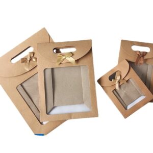 MODADA Gift Bags 12/24/48pcs Kraft Paper Flip Open Window Tote Bag with Ribbon Bow Wedding Birthday Party Gift Packaging Handbag Cookie Candy Bag (Color : Kraft, Size : 23X11X31CM_12PCS)