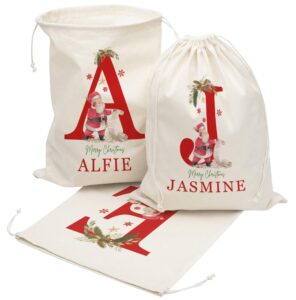 personalized santa sack with initial & name for kids custom christmas gift bags for holiday presents, christmas eve box large sack bags