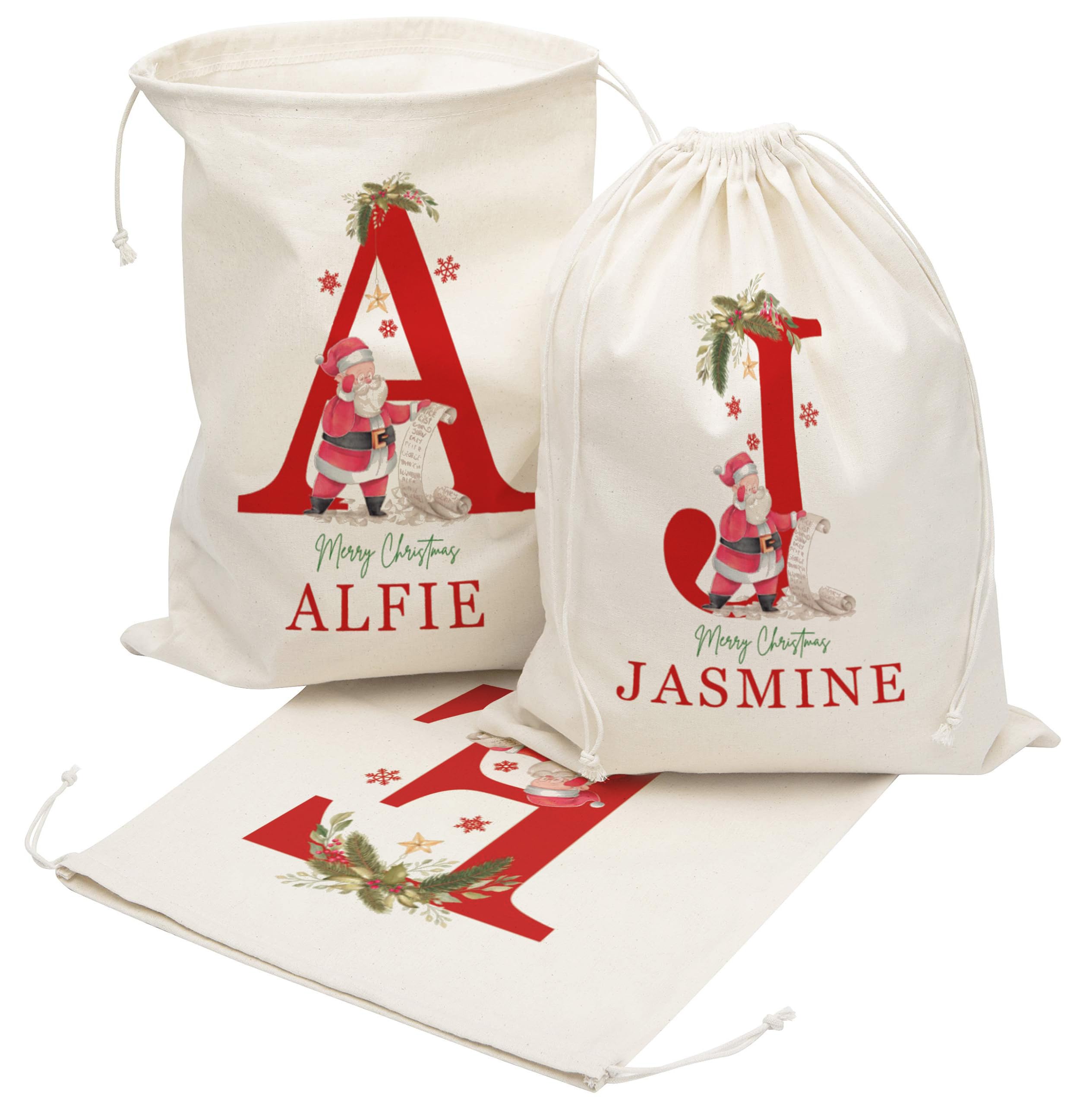 Personalized Santa Sack with Initial & Name for Kids Custom Christmas Gift Bags for Holiday Presents, Christmas Eve Box Large Sack Bags