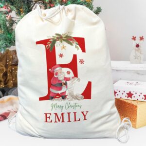 Personalized Santa Sack with Initial & Name for Kids Custom Christmas Gift Bags for Holiday Presents, Christmas Eve Box Large Sack Bags