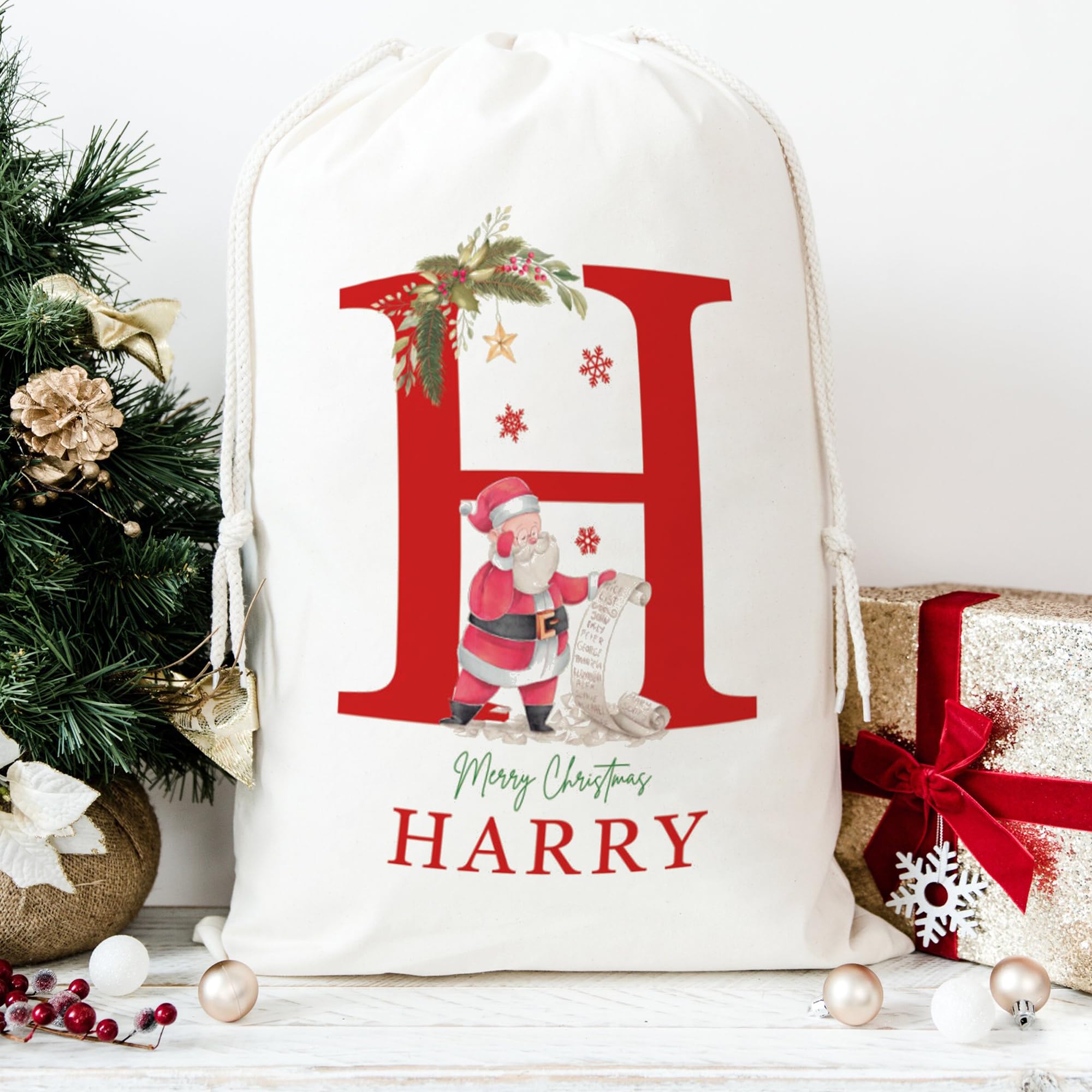 Personalized Santa Sack with Initial & Name for Kids Custom Christmas Gift Bags for Holiday Presents, Christmas Eve Box Large Sack Bags