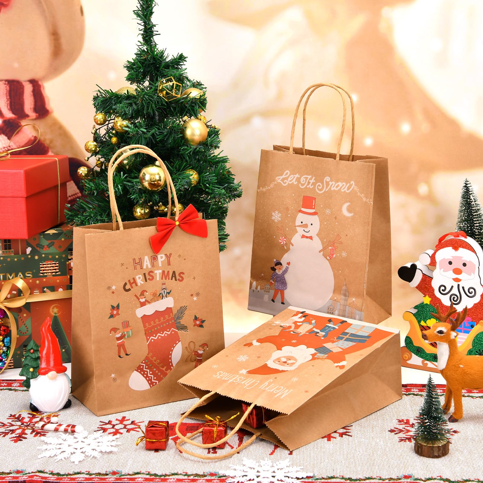 COGLARING 30Pcs Christmas Gift Bags Brown Kraft Paper Bag with Handles Bulk Heavy Duty for Xmas Gifts Holiday Party Favors Treat Goody Bags 7 * 3.8 * 9"