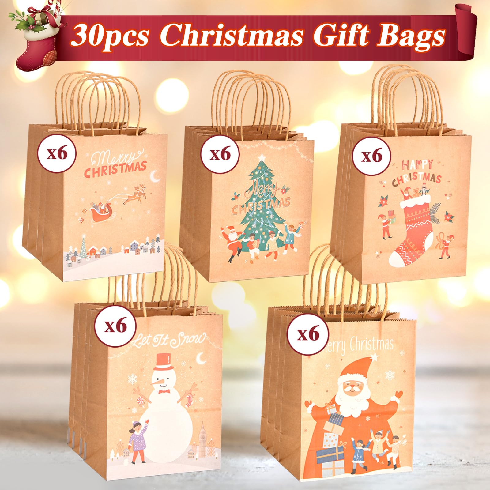 COGLARING 30Pcs Christmas Gift Bags Brown Kraft Paper Bag with Handles Bulk Heavy Duty for Xmas Gifts Holiday Party Favors Treat Goody Bags 7 * 3.8 * 9"