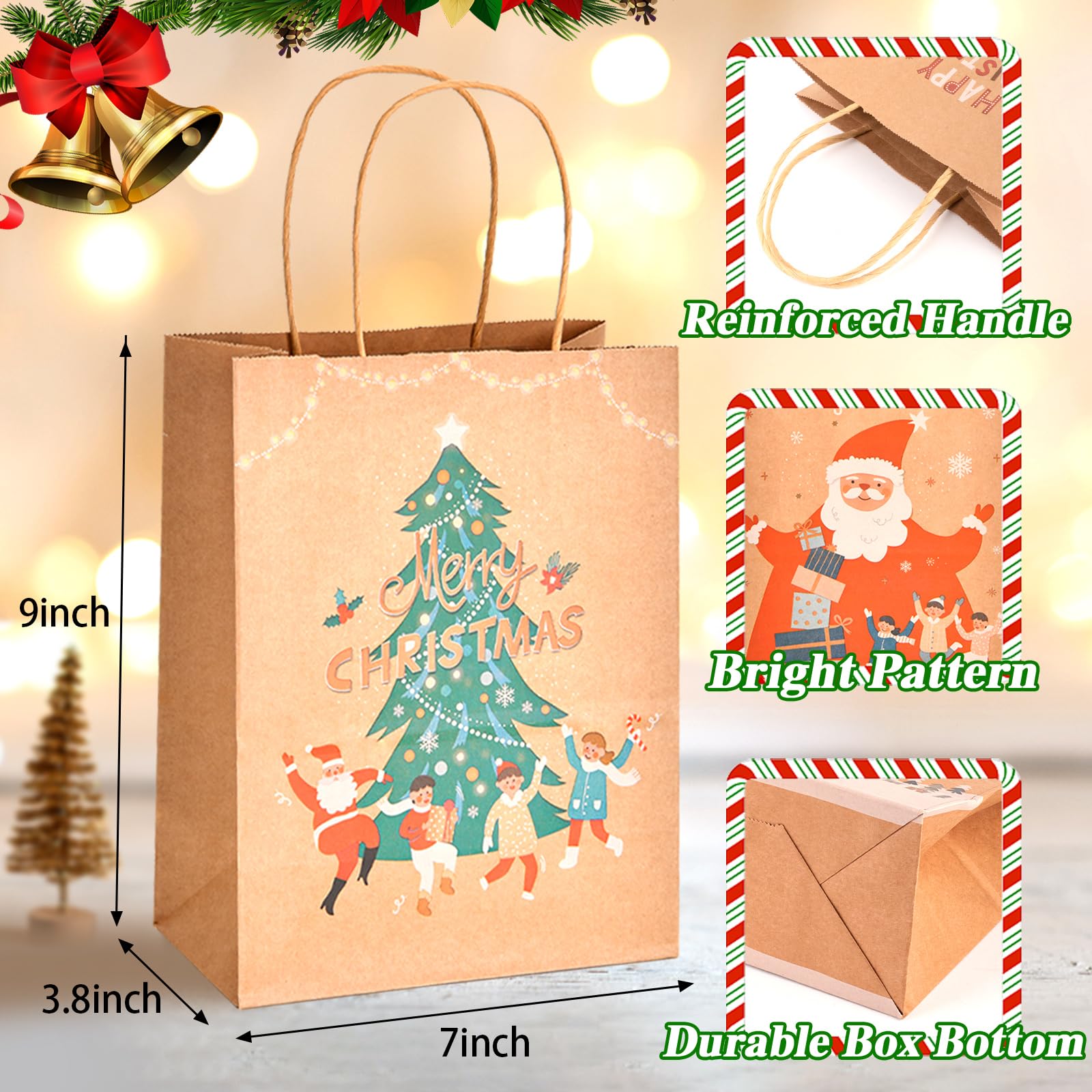 COGLARING 30Pcs Christmas Gift Bags Brown Kraft Paper Bag with Handles Bulk Heavy Duty for Xmas Gifts Holiday Party Favors Treat Goody Bags 7 * 3.8 * 9"