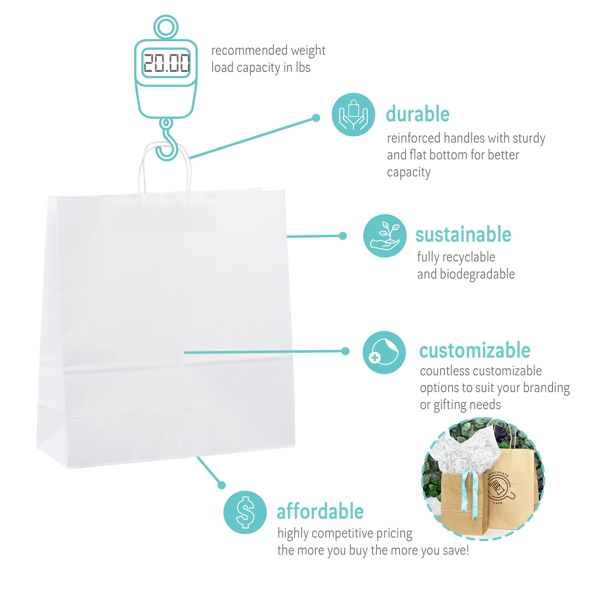 50 Pcs White Paper Bags with Handles, Small Gift Bags in bulk, Kraft Bags, Retail Bags, Merchandise Bags, Shopping Bags, For Weddings, Birthdays, Small Business - 18 x 7 x 19 Inches – Creative Bag