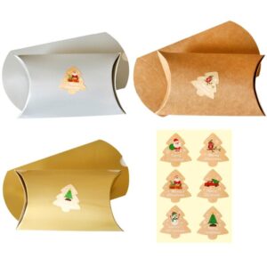 MODADA Gift Bags 6sets Christmas Gift Box Pillow Shape Kraft Paper Boxes New Year Party Gift Wrapping Packaging Bag Craft Candy Box with Stickers (Color : Kraft)