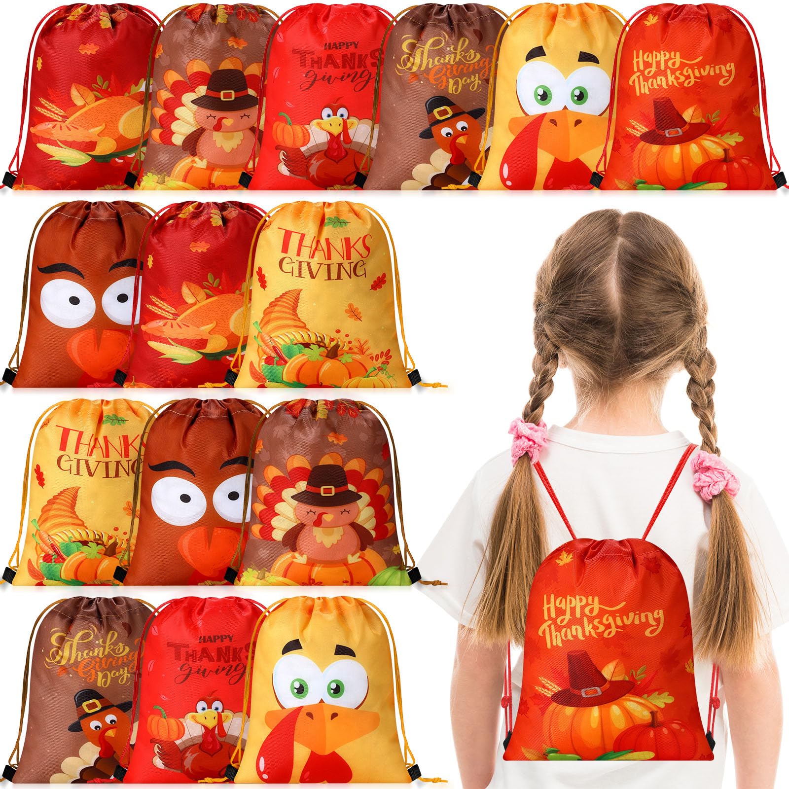 Paterr 16 Pcs Fall Favor Bags Bulk Thanksgiving Drawstring Bags Maple Leaf Carnival Candy Bags Pumpkin Gift Bags Autumn Goodie Treat Bags for Classroom Harvest Fall Birthday Party Decor,10 x 12 Inch