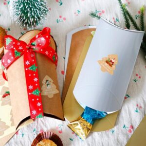 MODADA Gift Bags 6sets Christmas Gift Box Pillow Shape Kraft Paper Boxes New Year Party Gift Wrapping Packaging Bag Craft Candy Box with Stickers (Color : Kraft)