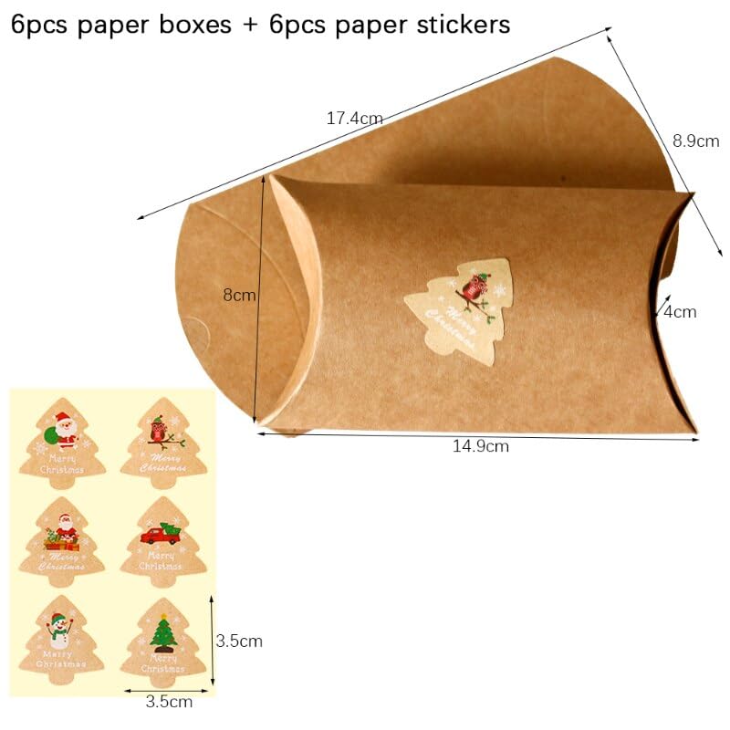 MODADA Gift Bags 6sets Christmas Gift Box Pillow Shape Kraft Paper Boxes New Year Party Gift Wrapping Packaging Bag Craft Candy Box with Stickers (Color : Kraft)