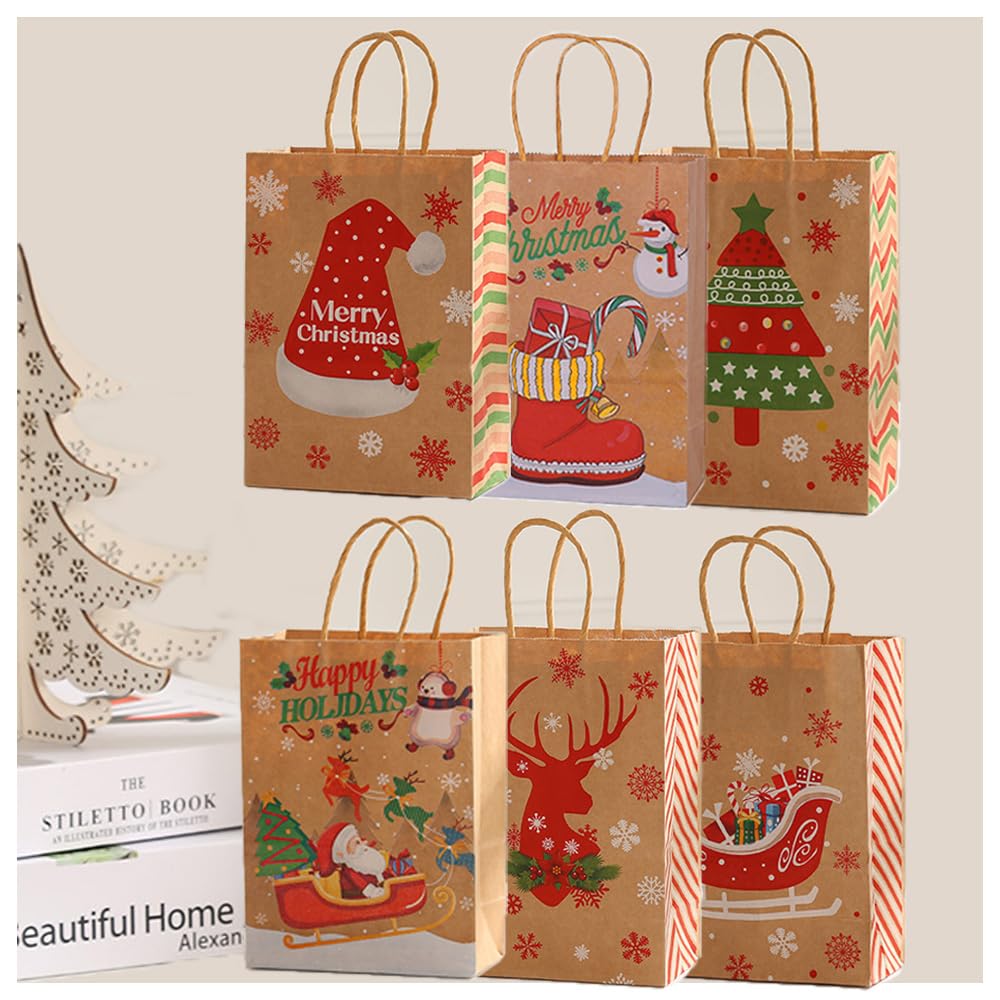 YOMOSA Christmas Kraft Gift Bags, 12pcs Paper Bags with Handle Christmas Treat Party Favor Bags for Christmas Gift Wrapping and Holiday Party Supplies