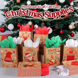 YOMOSA Christmas Kraft Gift Bags, 12pcs Paper Bags with Handle Christmas Treat Party Favor Bags for Christmas Gift Wrapping and Holiday Party Supplies