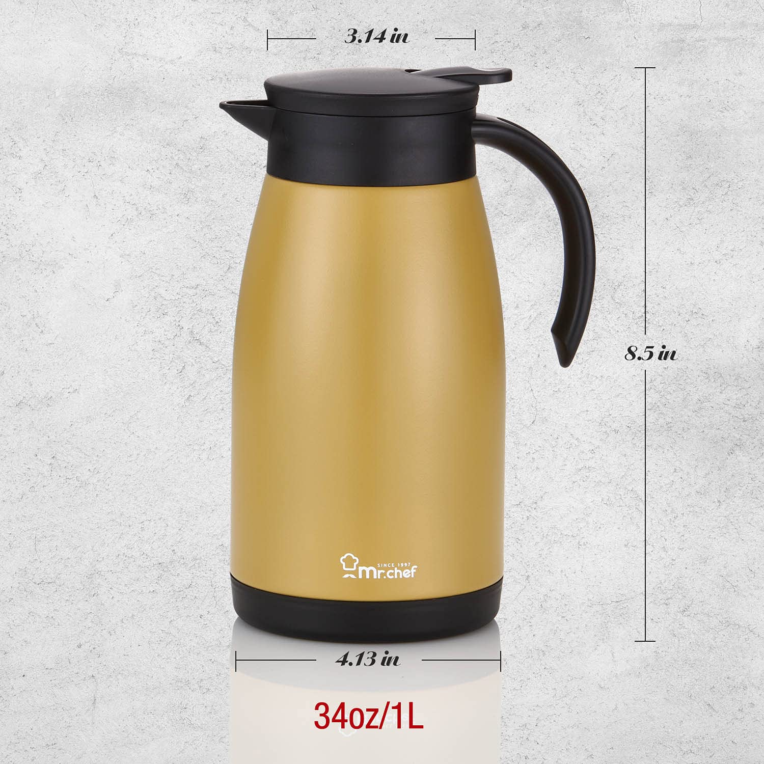 SINCE 1997 MR.CHEF 34Oz Thermal Coffee Carafe, Insulated Stainless Steel Coffee Carafes for Keeping Hot/Double Walled Vacuum Coffee Carafe (Gold, 1L)