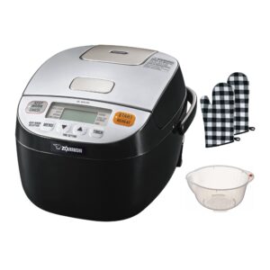 zojirushi micom rice cooker and warmer (3-cup) bundle with 9.5-inch rice washing bowl with side and bottom drainers and check oven mitten (3 items)