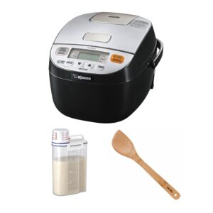 zojirushi micom rice cooker and warmer (3-cup, silver-black) bundle with bamboo spatula, and rice container bin (3 items)