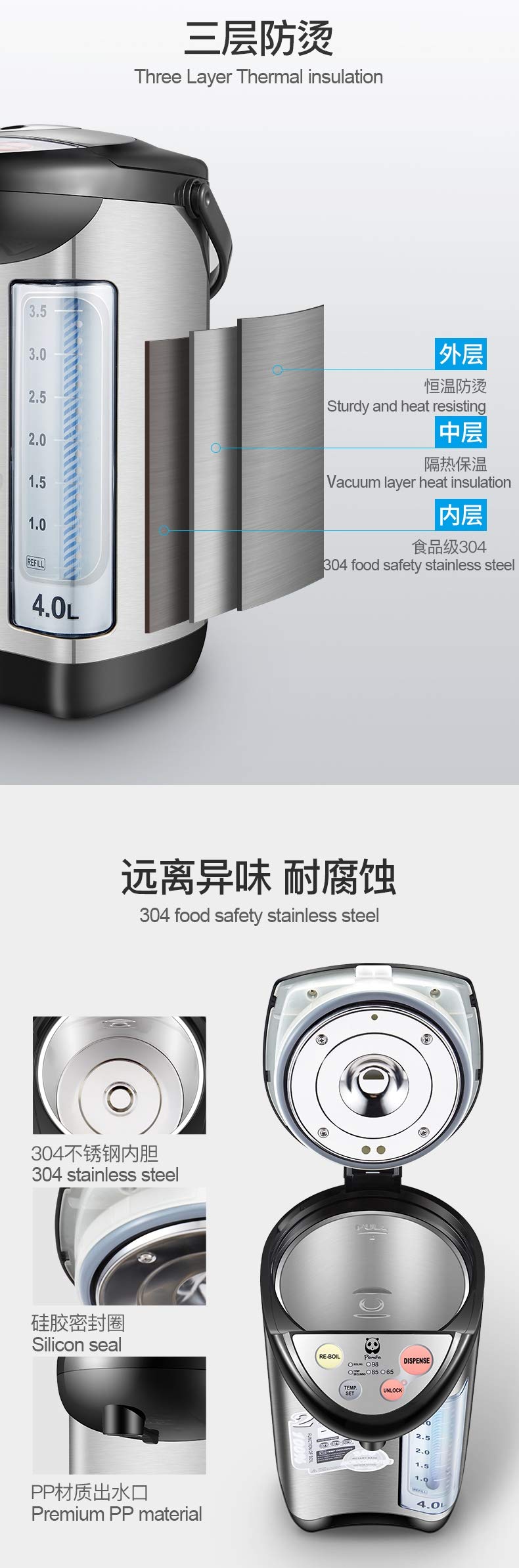 Panda Electric Water Boiler, 4.0 Liter, White, Temperature Control, Single Hand Operation, Overheat Protection, Boil Dry Protection, Automatic Shut-Off