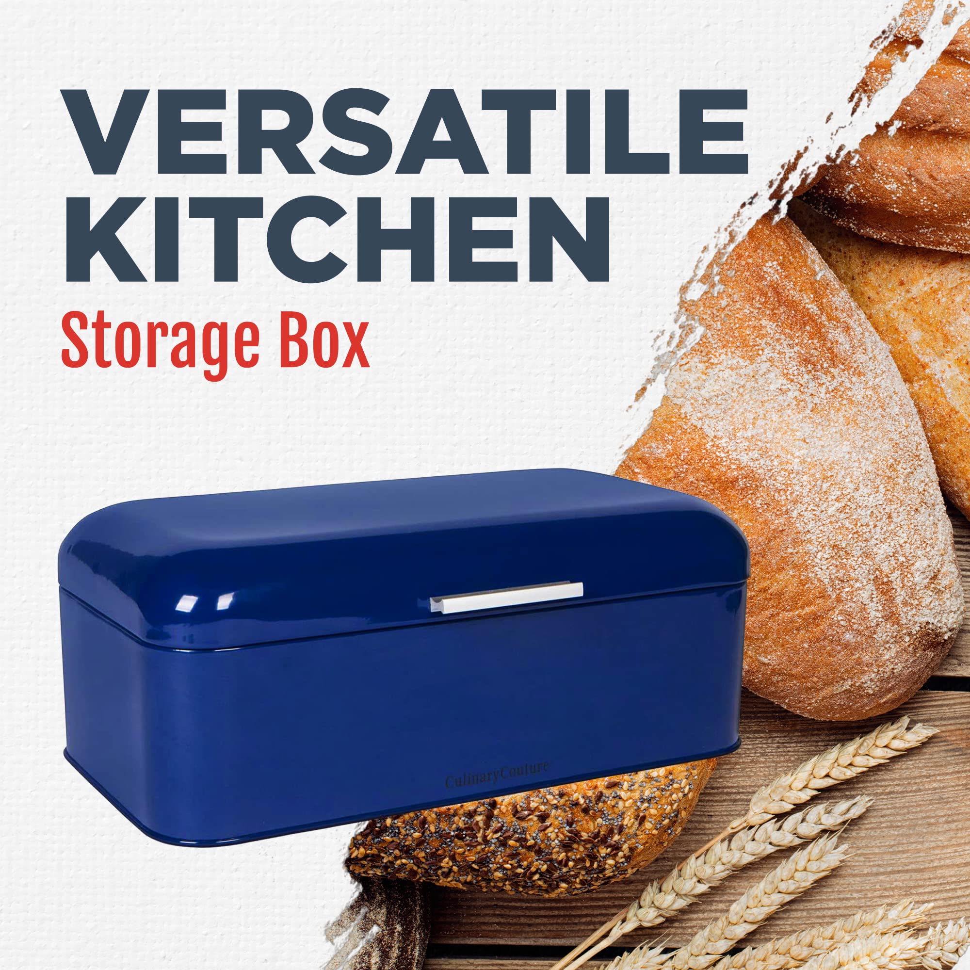 Culinary Couture Extra Large Blue Bread Box for Kitchen Countertop - Holds 2 Bread Loaves! - 16.5" x 9" x 6.5" - Stainless Steel Vintage Bread Boxes for Kitchen Counters