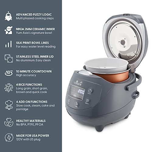 Yum Asia Panda Mini Rice Cooker With Ninja Ceramic Bowl and Advanced Fuzzy Logic (3.5 cup, 0.63 litre) 4 Rice Cooking Functions, 4 Multicooker functions, Digital LED display - 120V