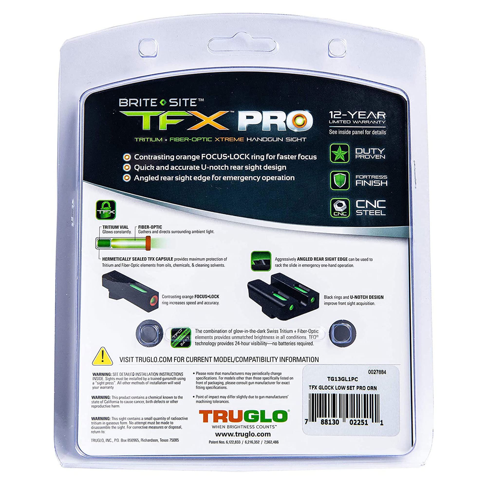 Truglo TFX PRO Handgun Sight, Glowing Shock Proof Tritium and Fiber Optic Night Sight for Handguns, Compact, Durable, and Snag Free Sight