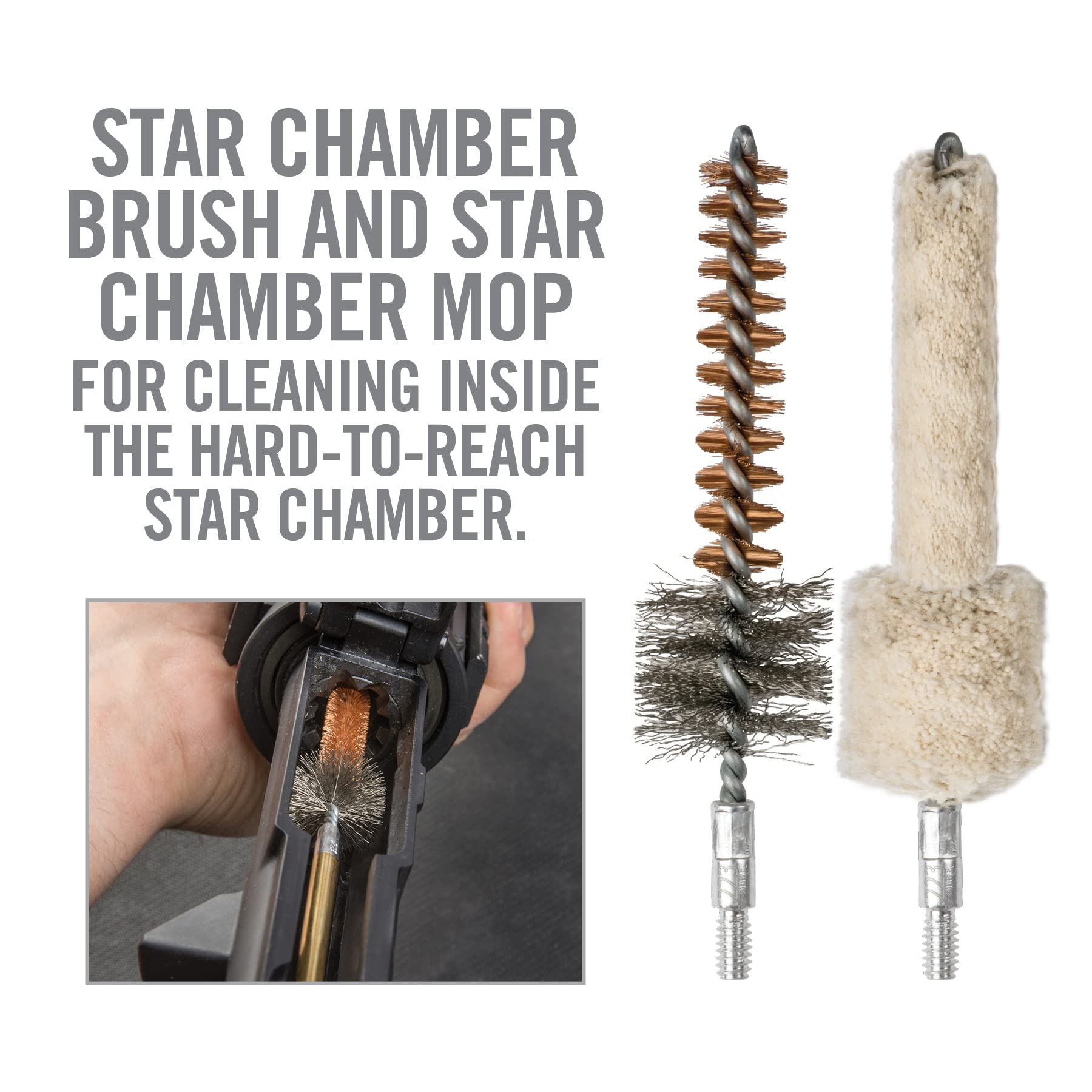 Real Avid Brush Combo: Star Chamber Pads, Chamber Brush, Chamber Mop and Bore Brush for Modern Sporting Firearms Chambered in .223/.224 Caliber Family, White