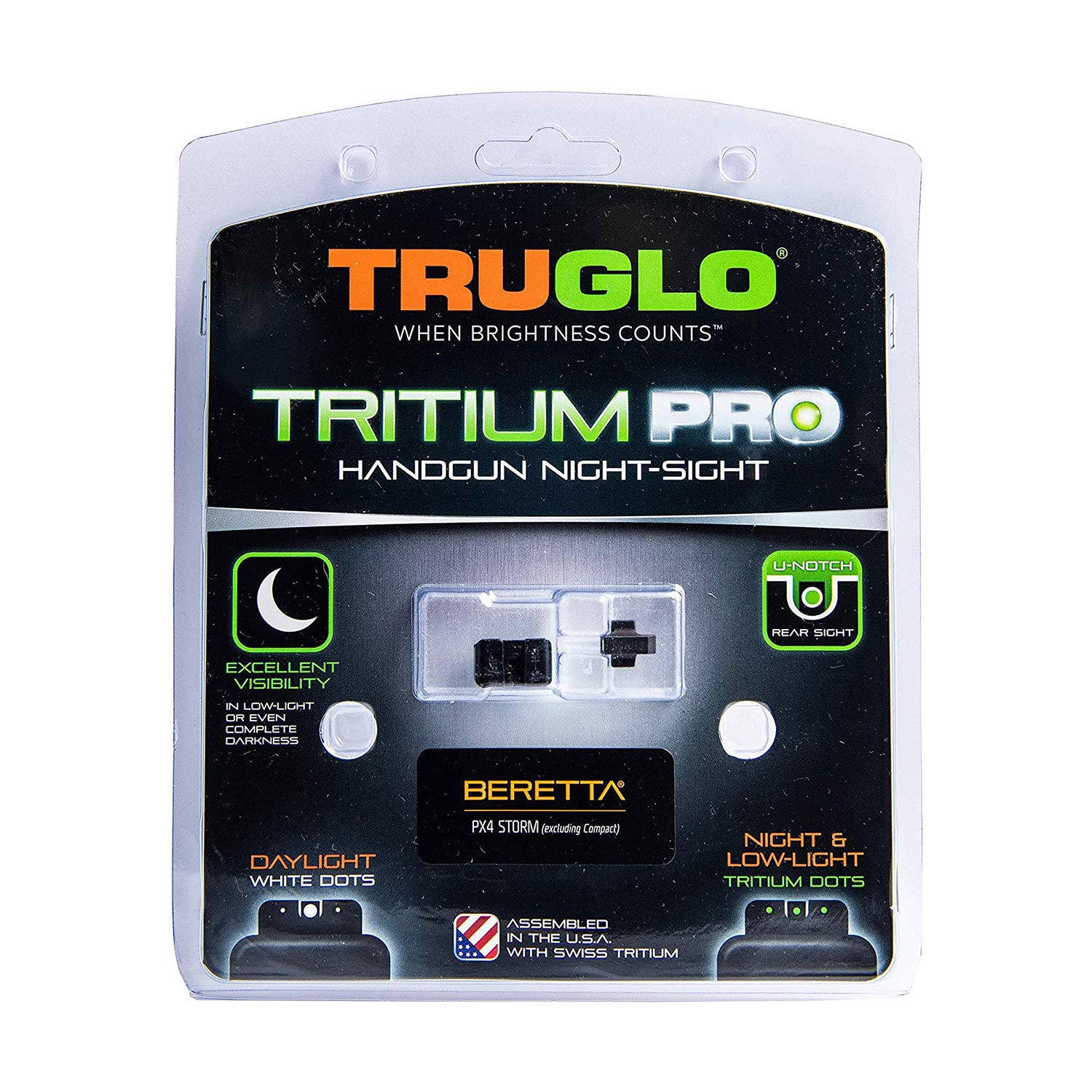 TruGlo Tritium Pro Glow in the Dark Gun Handgun Glock Pistol Laser Sight Accessories with Rear Colors for Beretta PX4 Storm and Green Light, Black