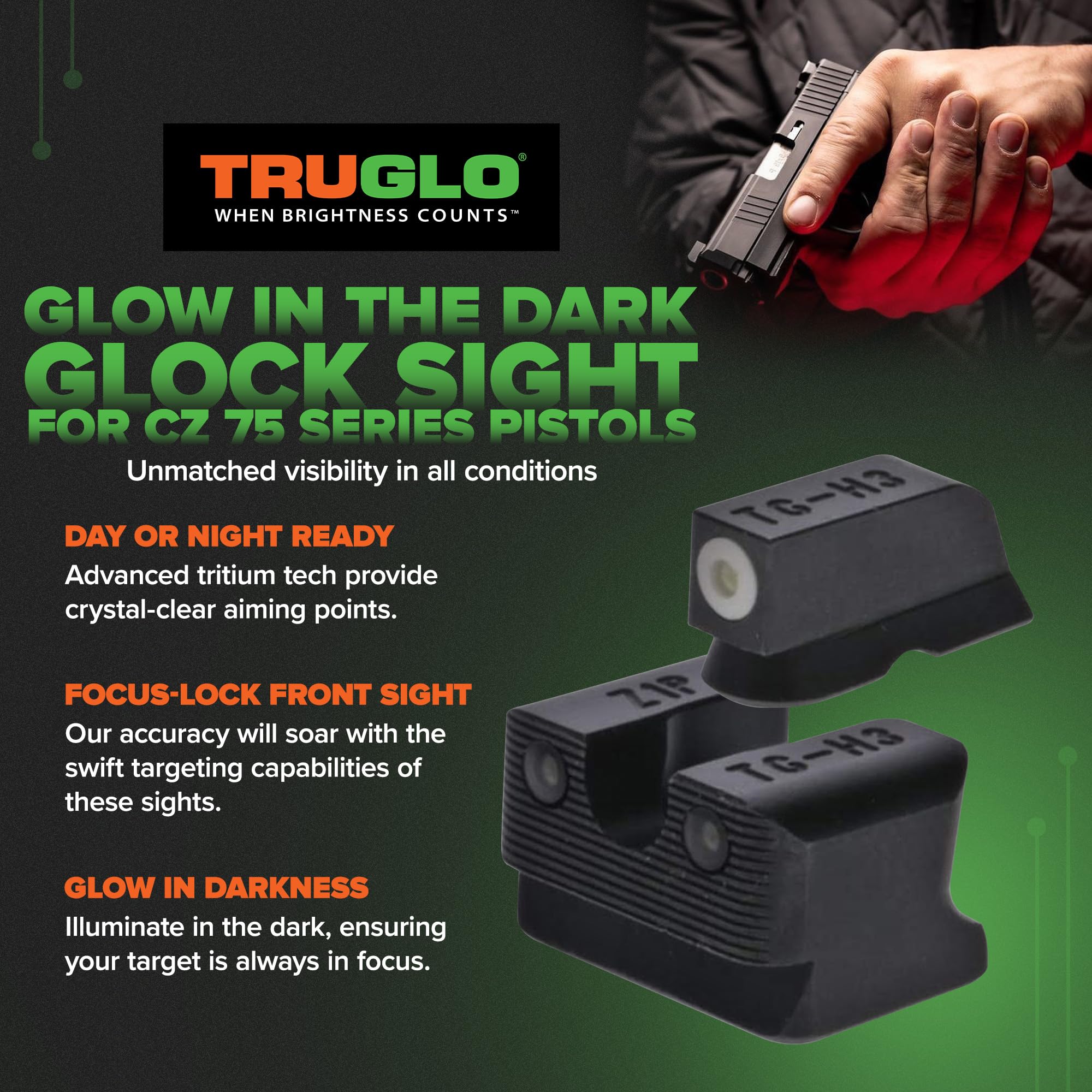 TRUGLO Tritium Pro Compact Night Sights with Daylight White Dots, Night Tritium Dots & Focus Lock Front Ring for CZ Handguns, Black