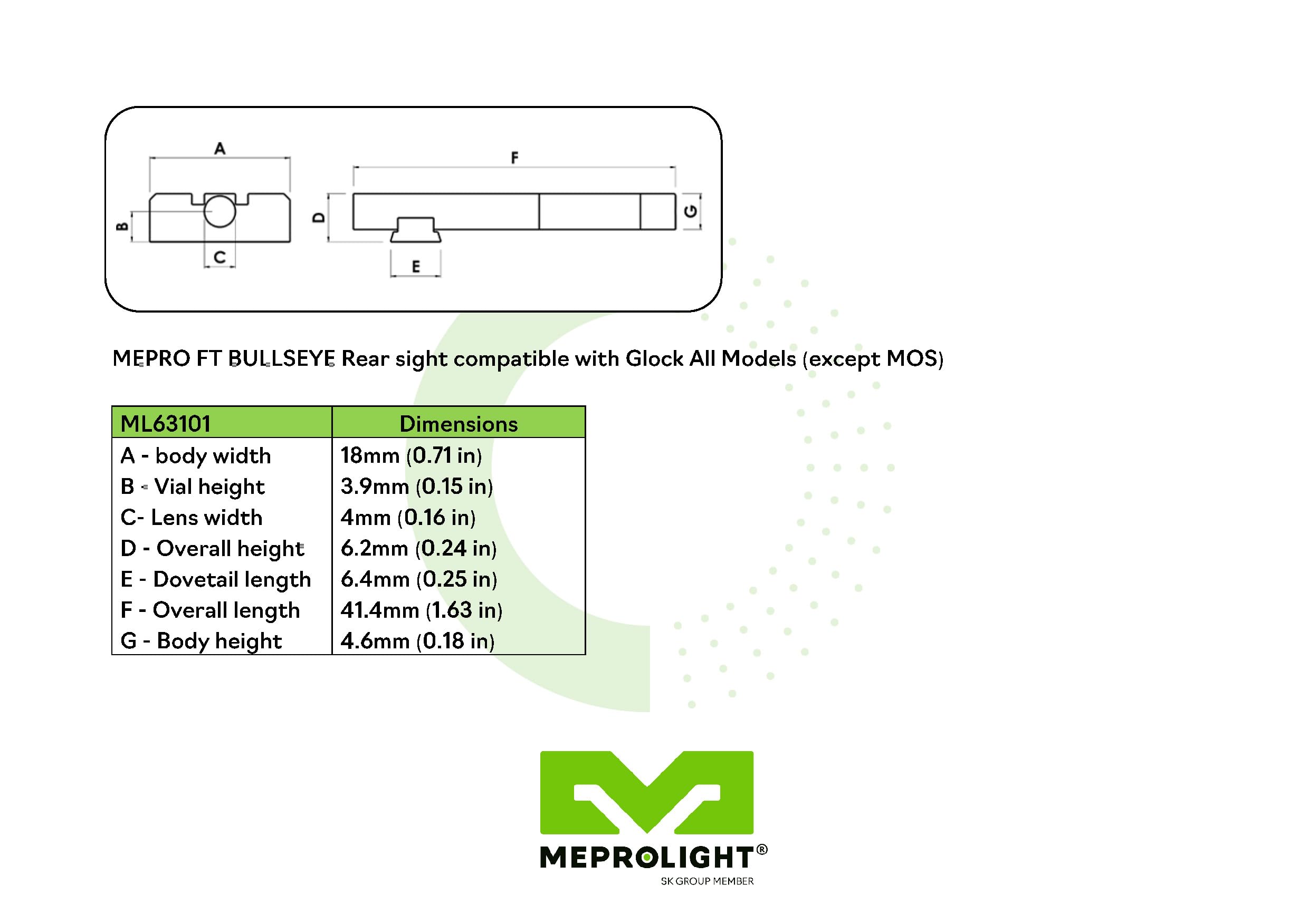 MEPRO FT Bullseye Rear, Fiber Optic and tritium Micro Micro red dot Night Sight Compatible with Glock 17 Glock 43x and More (Except MOS),Green