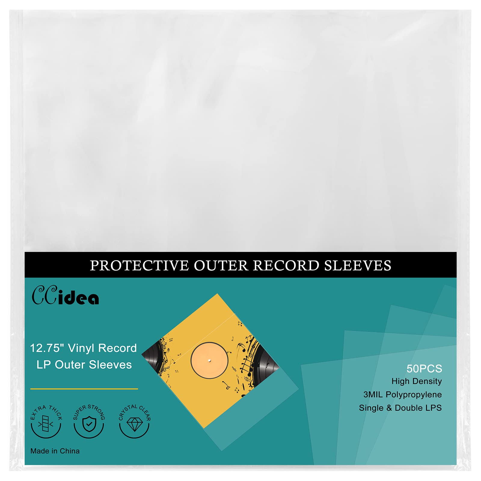CCidea 50 Record Sleeves for Vinyl Record- Crystal Clear Premuim Vinyl Record Sleeves Protector |12.75" x 12.75" Record Sleeves Outer for 12" Single & Double LP Album Covers
