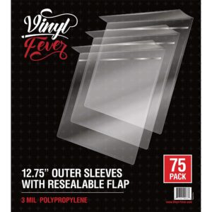 resealable record outer sleeves for 12" vinyl records (75 pack) | 3 mil polypropylene covers with flap | premium vinyl protective sleeves that cover and seal albums completely to prevent damage