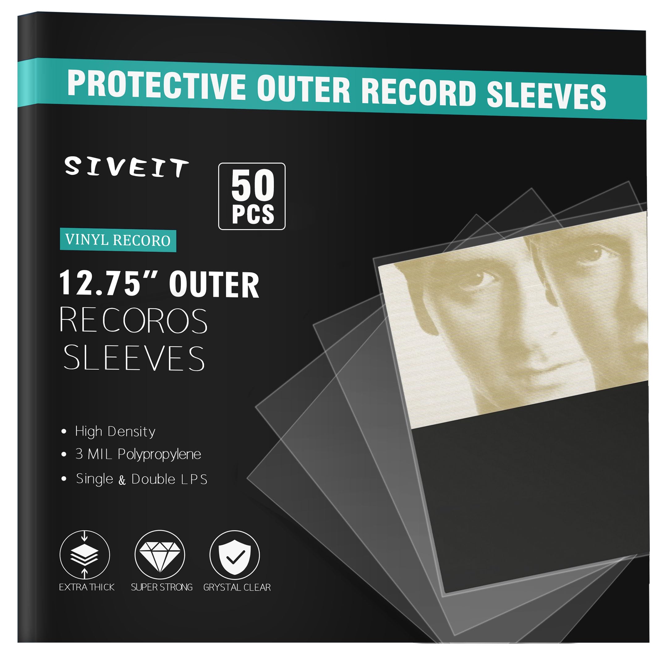 Siveit Record Sleeves for Vinyl Record-50 Clear Plastic Protective Vinyl Record Outer Sleeves 3 Mil No-Acid -12.75" x 12.5" Record Sleeves Outer for 12" Single and Double LP Album Covers