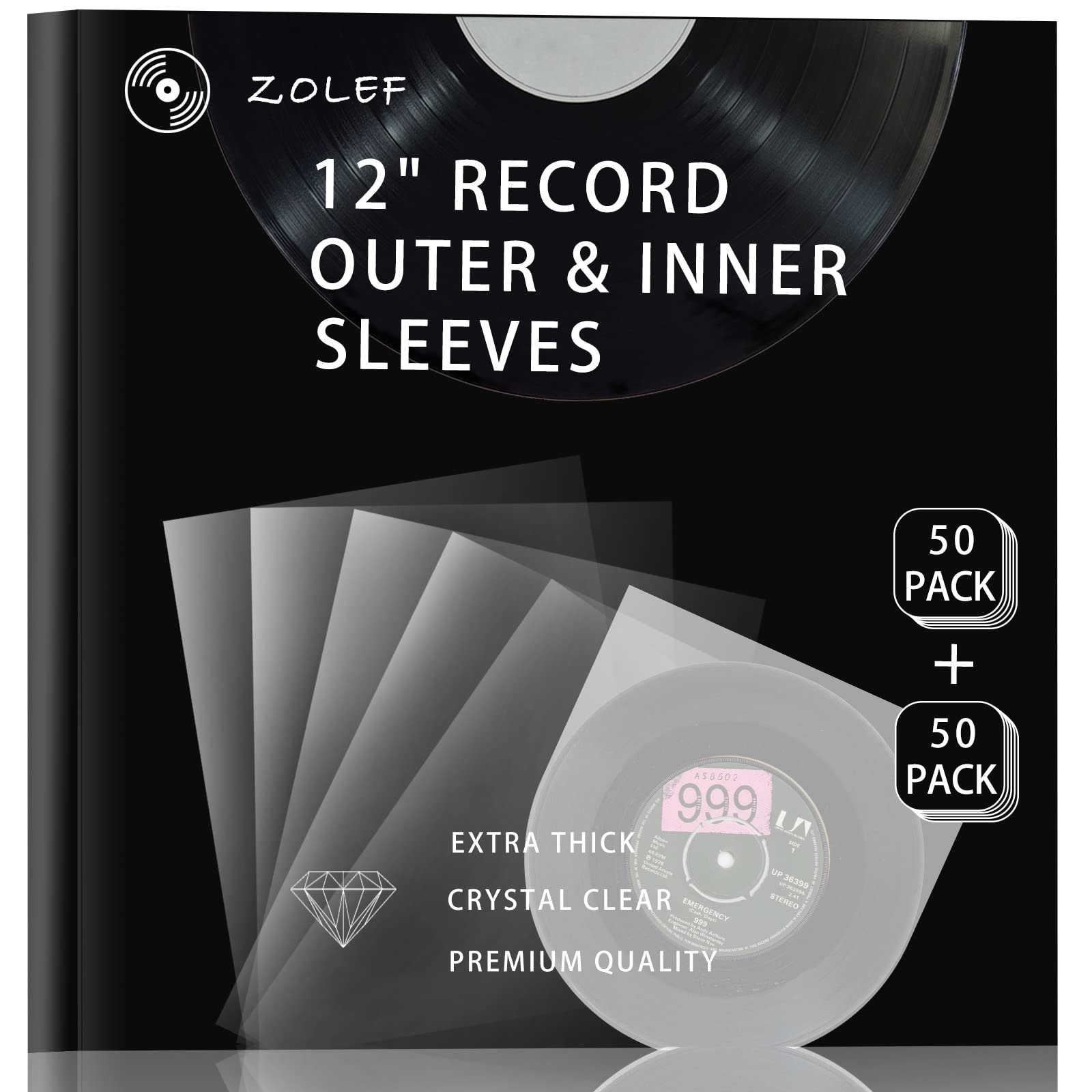 ZOLEF 100 12" anti static Vinyl Record Sleeves Combo Pack (50x 3mil Outer Sleeves & 50x Inner Round Bottom Sleeves), vinyl protective Crystal Clear Fit for Single & Double Lp Album Collection