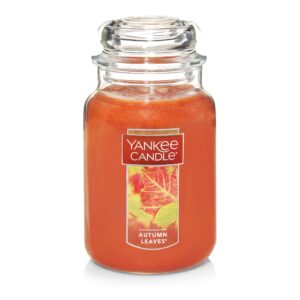 yankee candle autumn leaves scented, classic 22oz large jar single wick aromatherapy candle, over 110 hours of burn time, apothecary jar fall candle, autumn candle scented for home