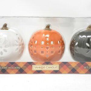 Yankee Candle Pumpkin Candle Holders - Set of 3 Pumpkin Tea Light Holders - Colored with Cutouts in Orange, White, and Green - for Fall, Autumn, Halloween, Thanksgiving