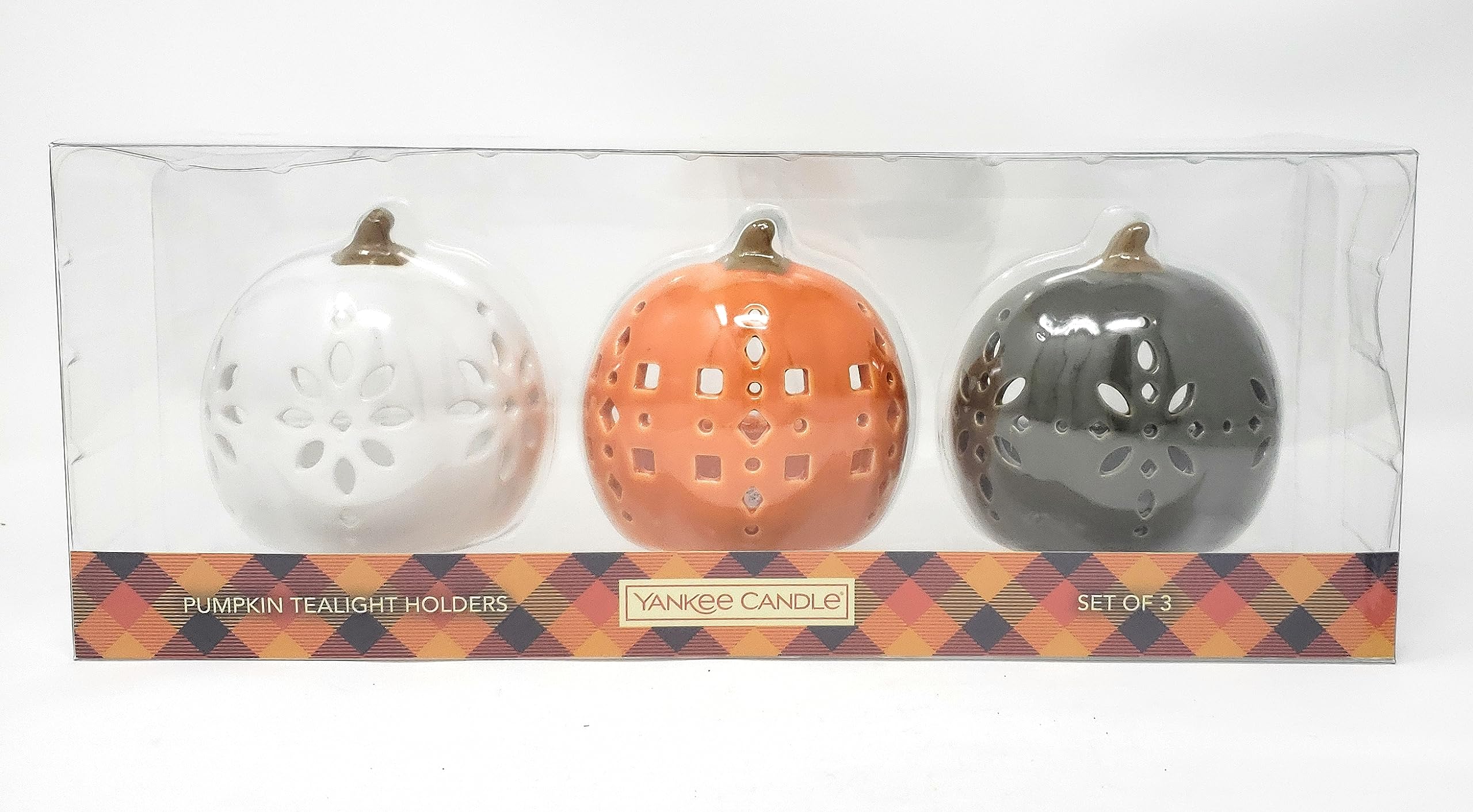 Yankee Candle Pumpkin Candle Holders - Set of 3 Pumpkin Tea Light Holders - Colored with Cutouts in Orange, White, and Green - for Fall, Autumn, Halloween, Thanksgiving