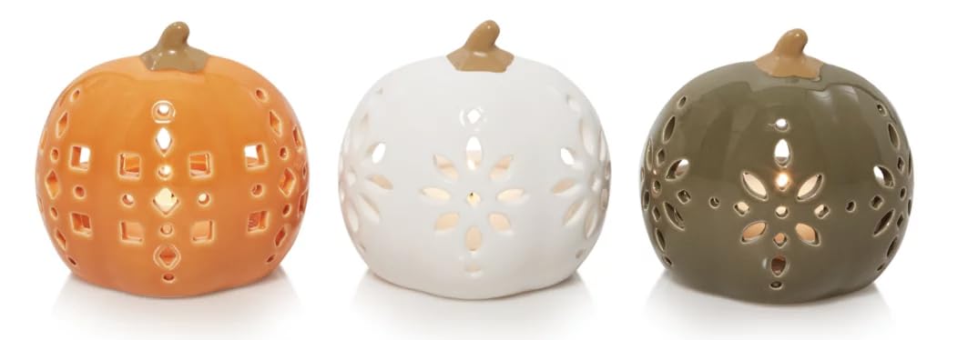 Yankee Candle Pumpkin Candle Holders - Set of 3 Pumpkin Tea Light Holders - Colored with Cutouts in Orange, White, and Green - for Fall, Autumn, Halloween, Thanksgiving