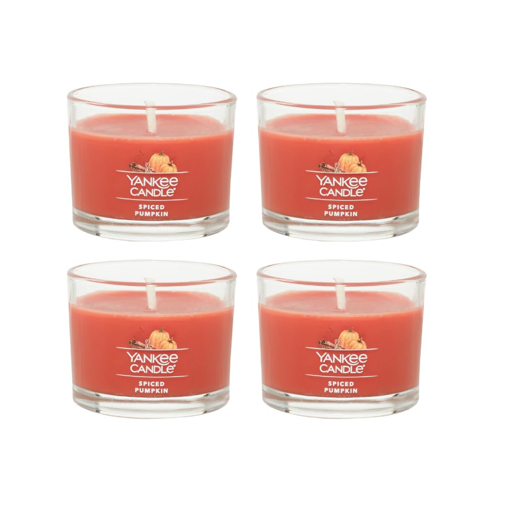 Yankee Candle Signature Votive Mini Candle Jar, Spiced Pumpkin Scent, Natural Soy Wax Blend Candle with Natural Fiber Wick, 1.3 OZ Glass Jar (Pack of 4)