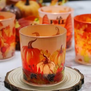 thanksgiving table decoration, fall votive candle holders 4pcs, 3" glass candle jars, shmilmh tealight candle holders for thanksgiving table centerpieces, fireplace, mantel, orange