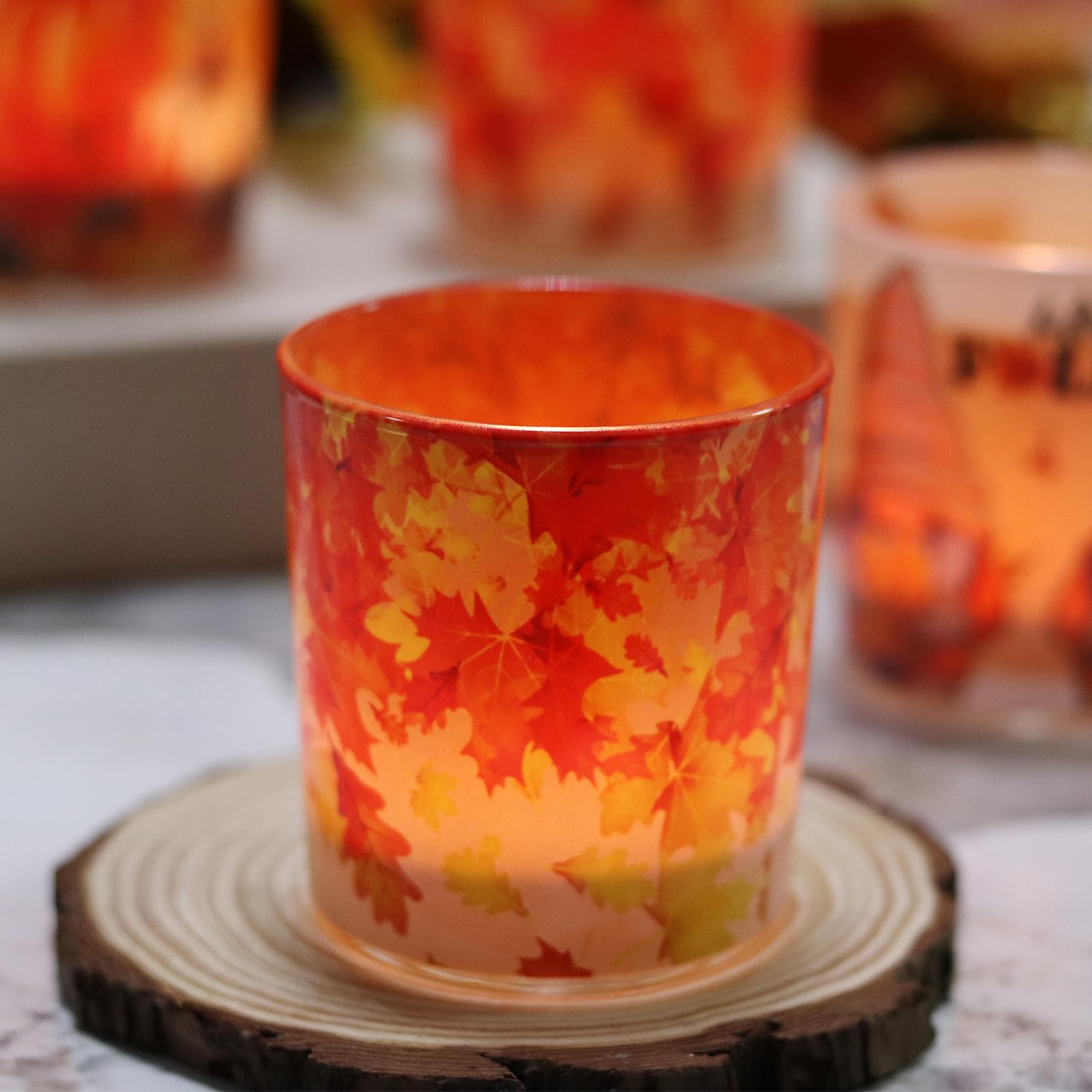 Thanksgiving Table Decoration, Fall Votive Candle Holders 4PCS, 3" Glass Candle Jars, SHMILMH Tealight Candle Holders for Thanksgiving Table Centerpieces, Fireplace, Mantel, Orange