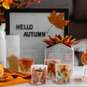 Thanksgiving Table Decoration, Fall Votive Candle Holders 4PCS, 3" Glass Candle Jars, SHMILMH Tealight Candle Holders for Thanksgiving Table Centerpieces, Fireplace, Mantel, Orange