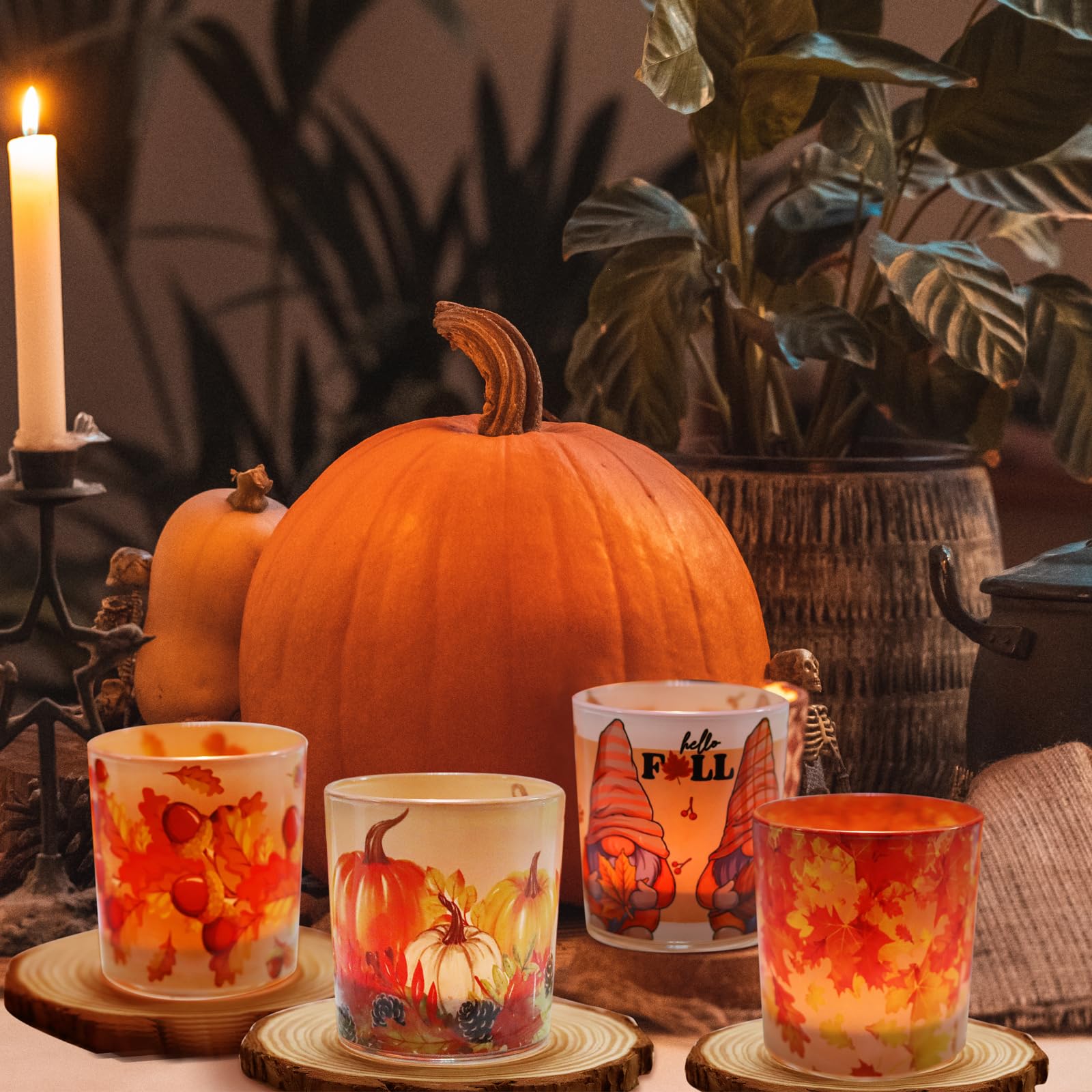 Thanksgiving Table Decoration, Fall Votive Candle Holders 4PCS, 3" Glass Candle Jars, SHMILMH Tealight Candle Holders for Thanksgiving Table Centerpieces, Fireplace, Mantel, Orange