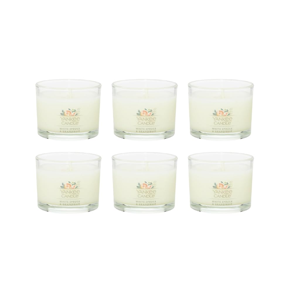 Yankee Candle Signature Votive Mini Candle Jar, White Spruce & Grapefruit Scent, Natural Soy Wax Blend Candle with Natural Fiber Wick, 1.3 OZ Glass Jar (Pack of 6)