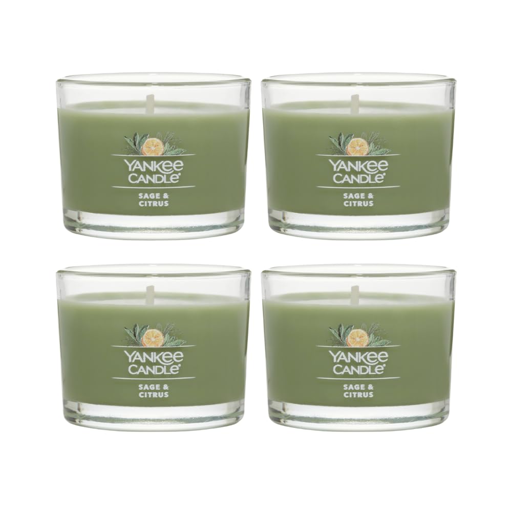 Yankee Candle Signature Votive Mini Candle Jar, Sage & Citrus Scent, Natural Soy Wax Blend Candle with Natural Fiber Wick, 1.3 OZ Glass Jar (Pack of 4)