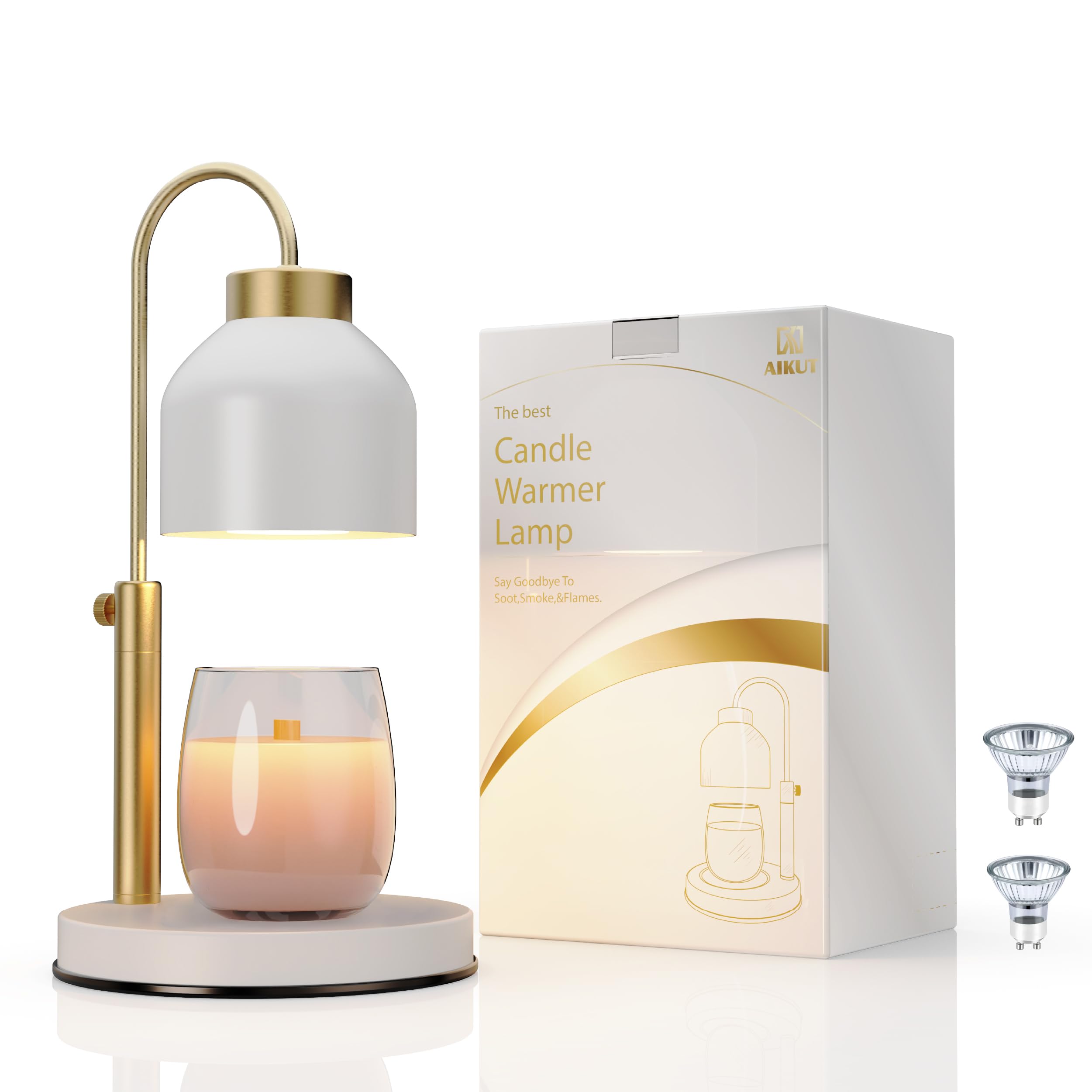 AIKUT Candle Warmer Lamp, with 2 Bulbs,Timer & Dimmer,Compatible with Large Yankee Candle Jars,3 Wick Candles,Height Adjustable Electric Top Candle Melter,White,110-120v