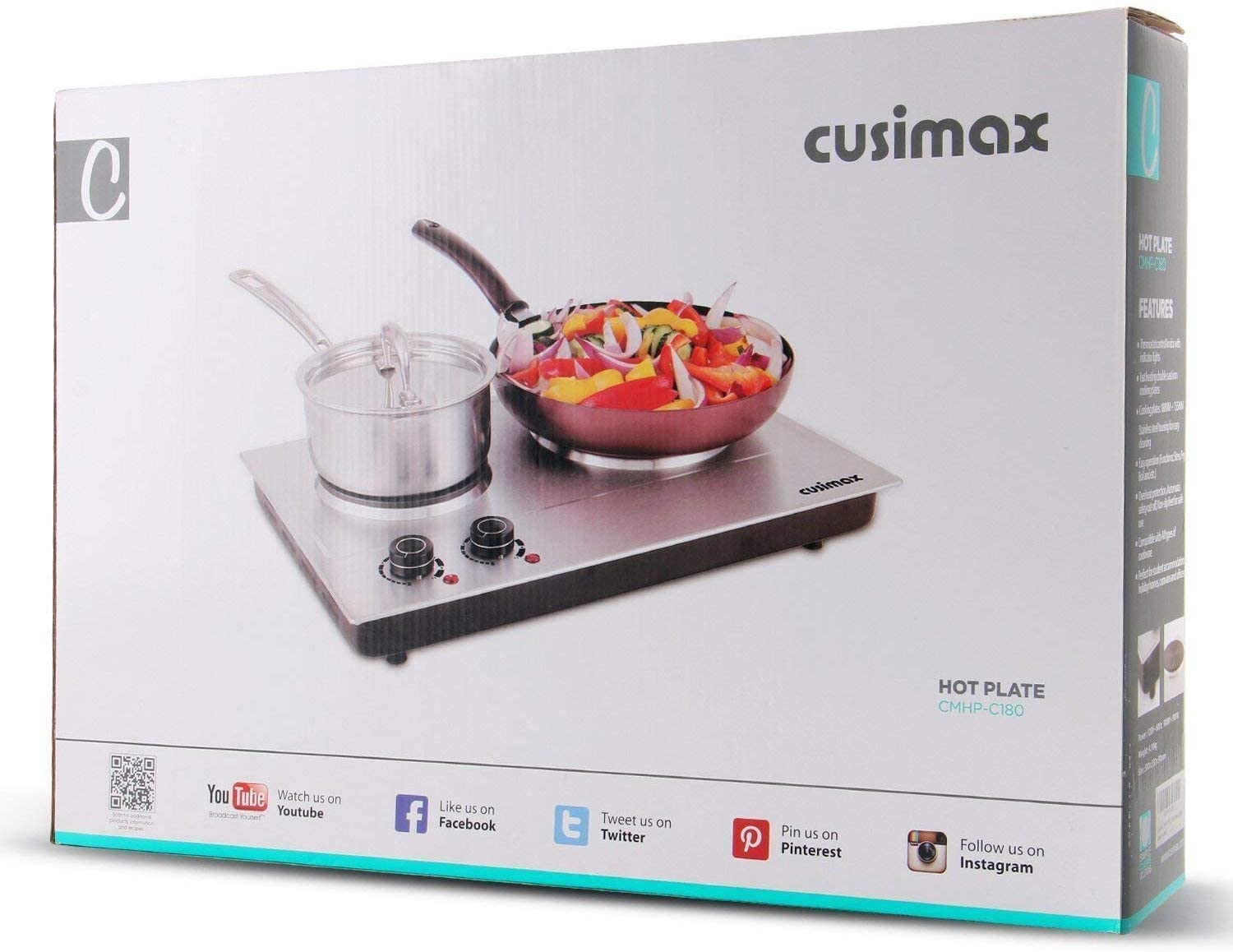 CUSIMAX 1800W Double Hot Plate, Stainless Steel Silver Countertop Burner Portable Electric Double Burners Electric Cast Iron Hot Plates Cooktop, Easy to Clean, Upgraded Version C180N