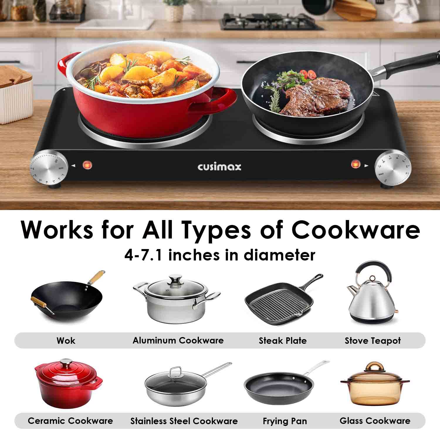 Cusimax Hot Plate for Cooking 1800W Portable Electric Double Burner Countertop Cooktop Cast Iron Stove Heating Plate with 7 Power Levels Adjustable Temp Control, Compatible for All Cookwares