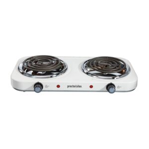 proctor silex electric stove, double burner cooktop, compact and portable, adjustable temperature double hot plate, 1700 watts, white & stainless (34116)