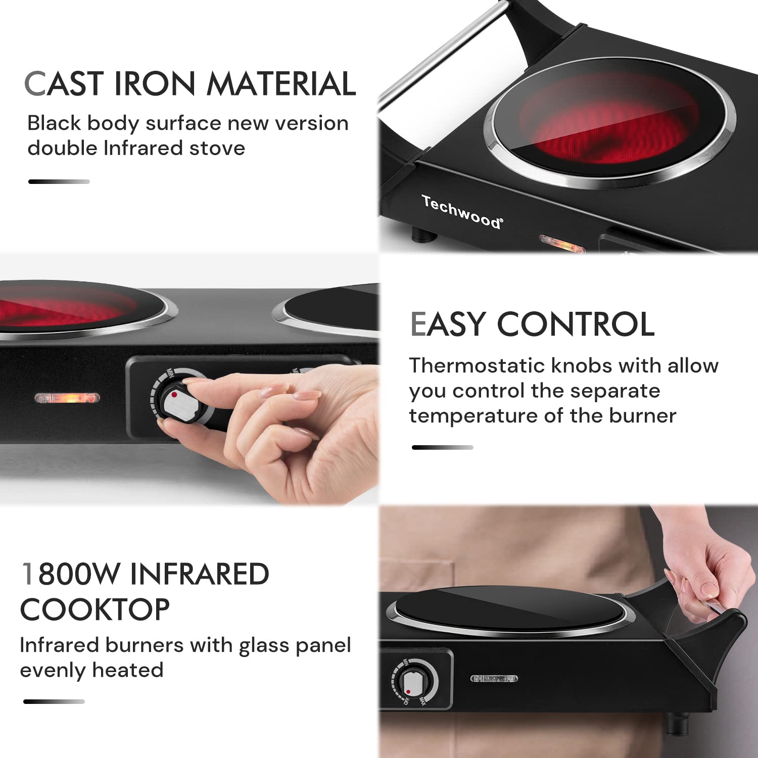 Hot Plate, Techwood 1800W Double Infrared Ceramic Electric Stove for Cooking, Dual Control Cooktop Burners, Portable Anti-scald Handles Suitable for RV/Home/Camp, Compatible for All Cookwares