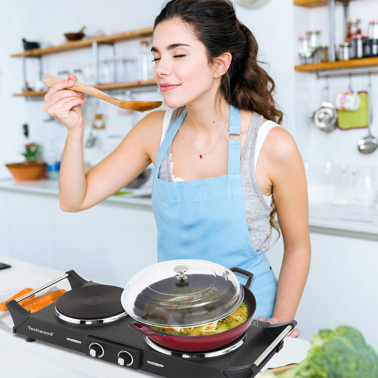 Techwood ES-3203 Hot Plate Electric Double Burner 1800W for Cooking with Adjustable Temperature & Stay Cool Handles, Black Stainless Steel, Compatible for All Cookwares